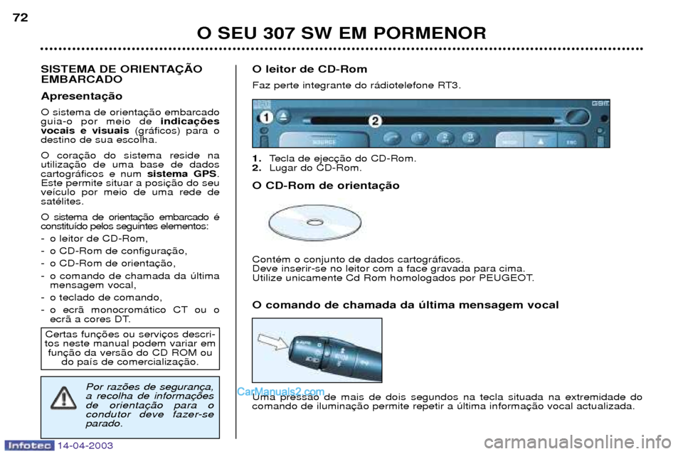 Peugeot 307 SW 2003 Manual do proprietário (in Portuguese) 14-04-2003
O SEU 307 SW EM PORMENOR
72
SISTEMA DE ORIENTA‚ÌO EMBARCADO Apresenta O sistema de orienta guia-o por meio de indica
vocais e visuais (gr‡ficos) para o
destino de sua escolha. O cora u Peugeot 307 SW 2003 Manual do proprietário (in Portuguese) 14-04-2003
O SEU 307 SW EM PORMENOR
72
SISTEMA DE ORIENTA‚ÌO EMBARCADO Apresenta O sistema de orienta guia-o por meio de indica
vocais e visuais (gr‡ficos) para o
destino de sua escolha. O cora u