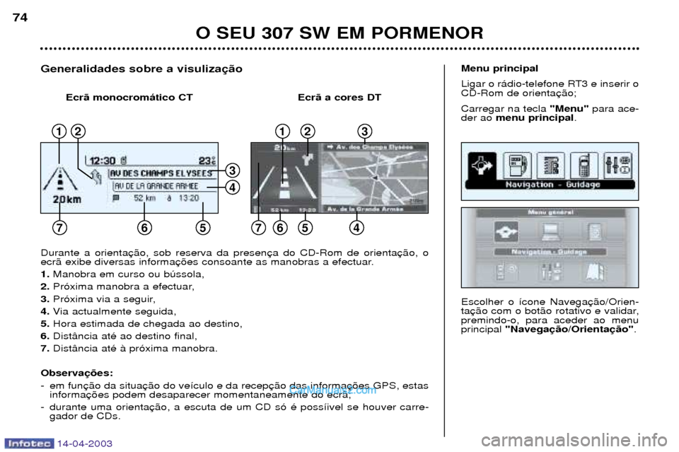 Peugeot 307 SW 2003 Manual do proprietário (in Portuguese) 14-04-2003
O SEU 307 SW EM PORMENOR
74
Escolher o ’cone Navega
tapremindo-o, para aceder ao menuprincipal"Navega .
Menu principal
Ligar o r‡dio-telefone RT3 e inserir o CD-Rom de orienta Carrega Peugeot 307 SW 2003 Manual do proprietário (in Portuguese) 14-04-2003
O SEU 307 SW EM PORMENOR
74
Escolher o ’cone Navega
tapremindo-o, para aceder ao menuprincipal"Navega .
Menu principal
Ligar o r‡dio-telefone RT3 e inserir o CD-Rom de orienta Carrega