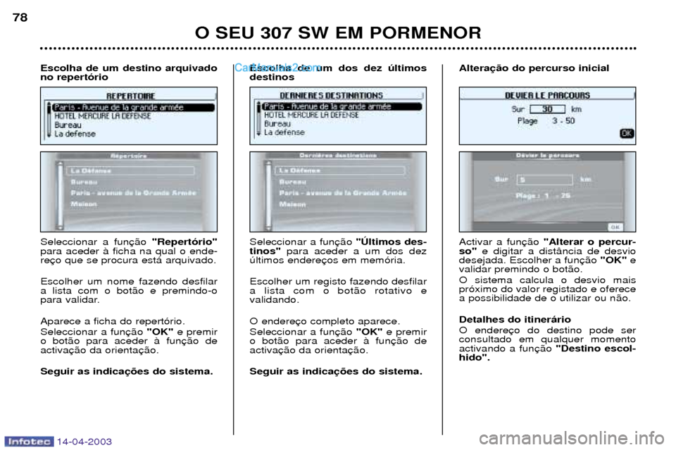 Peugeot 307 SW 2003 Manual do proprietário (in Portuguese) 14-04-2003
O SEU 307 SW EM PORMENOR
78
Seleccionar a fun "Repert—rio"
para aceder ˆ ficha na qual o ende- re Escolher um nome fazendo desfilar a lista com o bot‹o e premindo-o
para validar. Apare Peugeot 307 SW 2003 Manual do proprietário (in Portuguese) 14-04-2003
O SEU 307 SW EM PORMENOR
78
Seleccionar a fun "Repert—rio"
para aceder ˆ ficha na qual o ende- re Escolher um nome fazendo desfilar a lista com o bot‹o e premindo-o
para validar. Apare