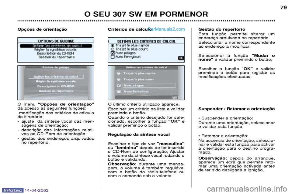 Peugeot 307 SW 2003 Manual do proprietário (in Portuguese) 14-04-2003
O SEU 307 SW EM PORMENOR79
O menu "Op
d‡ acesso ˆs seguintes fun -modifica do itiner‡rio;
- ajuste da s’ntese vocal das men- sagens de orienta
- descri vas ao CD-Rom de orienta
Peugeot 307 SW 2003 Manual do proprietário (in Portuguese) 14-04-2003
O SEU 307 SW EM PORMENOR79
O menu "Op
d‡ acesso ˆs seguintes fun -modifica do itiner‡rio;
- ajuste da s’ntese vocal das men- sagens de orienta
- descri vas ao CD-Rom de orienta
