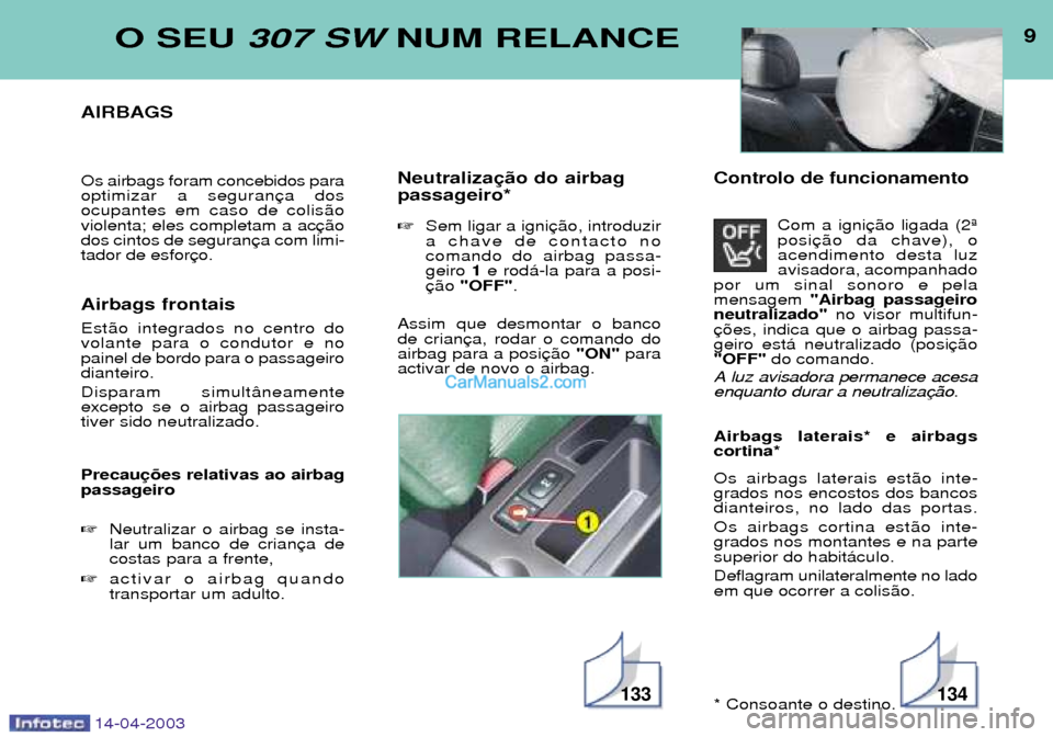 Peugeot 307 SW 2003  Manual do proprietário (in Portuguese) 14-04-2003
9O SEU 307 SW NUM RELANCE
AIRBAGS Os airbags foram concebidos para optimizar a seguranocupantes em caso de colis‹oviolenta; eles completam a acdos cintos de segurantador de esfor Airbags 