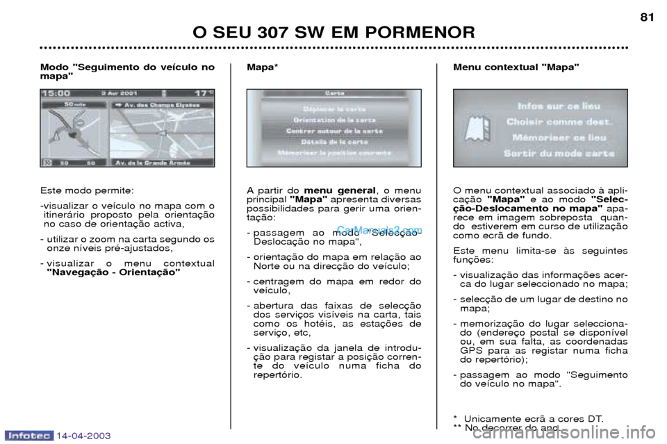 Peugeot 307 SW 2003 Manual do proprietário (in Portuguese) 14-04-2003
O SEU 307 SW EM PORMENOR81
Este modo permite:
-visualizar o ve’culo no mapa com o itiner‡rio proposto pela orienta no caso de orienta
- utilizar o zoom na carta segundo os onze n’ve Peugeot 307 SW 2003 Manual do proprietário (in Portuguese) 14-04-2003
O SEU 307 SW EM PORMENOR81
Este modo permite:
-visualizar o ve’culo no mapa com o itiner‡rio proposto pela orienta no caso de orienta
- utilizar o zoom na carta segundo os onze n’ve