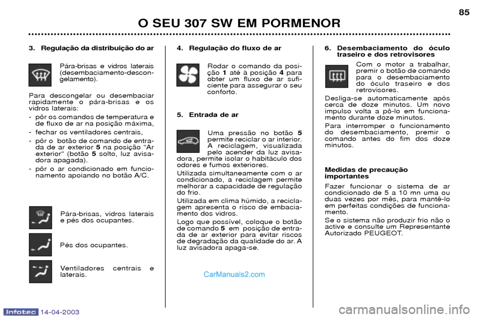 Peugeot 307 SW 2003 Manual do proprietário (in Portuguese) 14-04-2003
O SEU 307 SW EM PORMENOR85
4. Regula
Rodar o comando da posi- 1atŽ ˆ posi 4para
obter um fluxo de ar sufi-ciente para assegurar o seuconforto.
5. Entrada de ar Uma press‹o no bot‹o Peugeot 307 SW 2003 Manual do proprietário (in Portuguese) 14-04-2003
O SEU 307 SW EM PORMENOR85
4. Regula
Rodar o comando da posi- 1atŽ ˆ posi 4para
obter um fluxo de ar sufi-ciente para assegurar o seuconforto.
5. Entrada de ar Uma press‹o no bot‹o