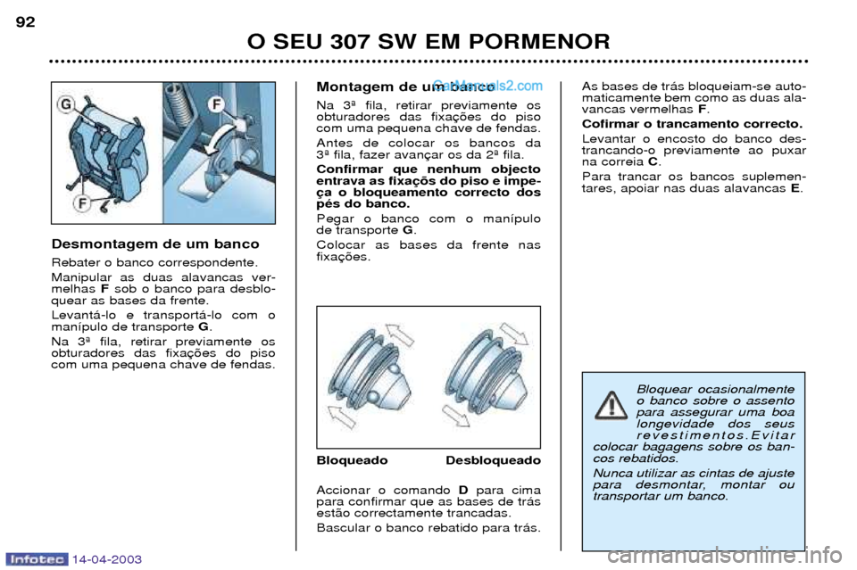Peugeot 307 SW 2003 Manual do proprietário (in Portuguese) 14-04-2003
Desmontagem de um banco Rebater o banco correspondente. Manipular as duas alavancas ver- melhas Fsob o banco para desblo-
quear as bases da frente. Levant‡-lo e transport‡-lo com o man Peugeot 307 SW 2003 Manual do proprietário (in Portuguese) 14-04-2003
Desmontagem de um banco Rebater o banco correspondente. Manipular as duas alavancas ver- melhas Fsob o banco para desblo-
quear as bases da frente. Levant‡-lo e transport‡-lo com o man