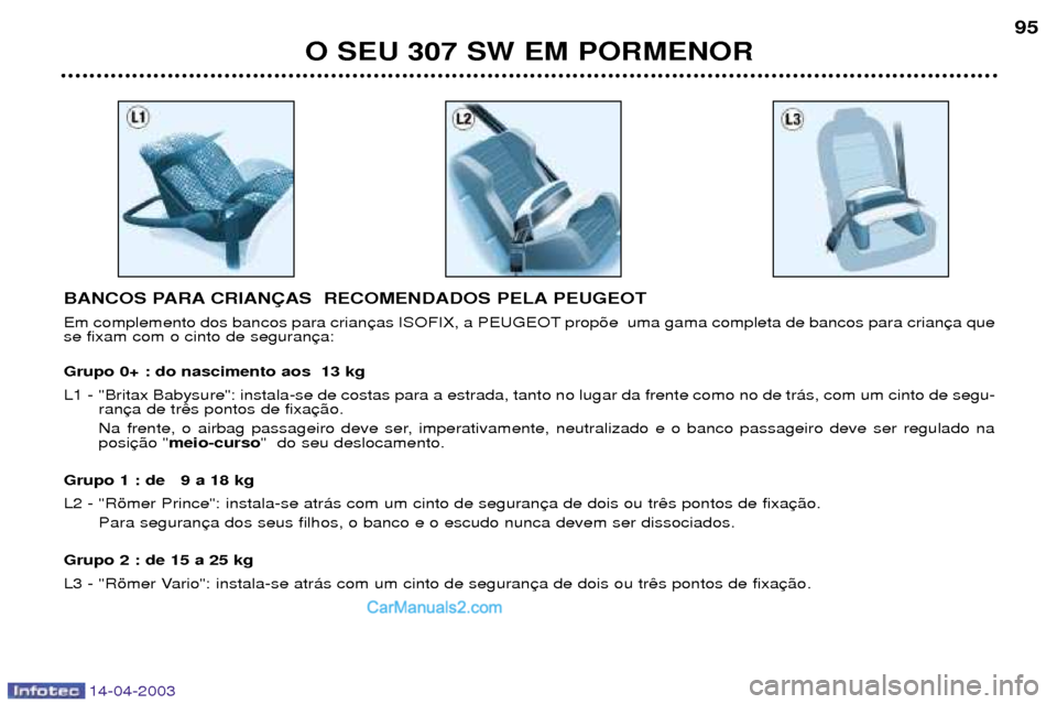 Peugeot 307 SW 2003 Manual do proprietário (in Portuguese) 14-04-2003
BANCOS PARA CRIAN‚AS RECOMENDADOS PELA PEUGEOT
Em complemento dos bancos para crian prop›e uma gama completa de bancos para crian se fixam com o cinto de seguran Grupo 0+ : do nascim Peugeot 307 SW 2003 Manual do proprietário (in Portuguese) 14-04-2003
BANCOS PARA CRIAN‚AS RECOMENDADOS PELA PEUGEOT
Em complemento dos bancos para crian prop›e uma gama completa de bancos para crian se fixam com o cinto de seguran Grupo 0+ : do nascim