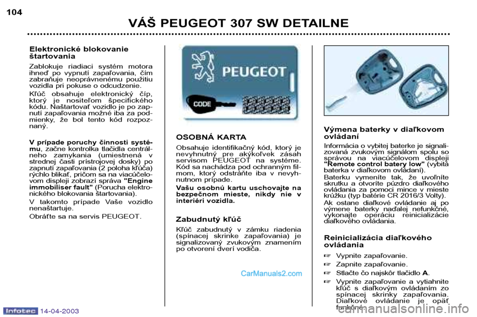 Peugeot 307 SW 2003 Užívateľská príručka (in Slovak) 14-04-2003
OSOBNÁ KARTA
Obsahuje identifikačný kód, ktorý je
nevyhnutný pre akýkoľvek zásah
servisom PEUGEOT na systéme.Kód sa nachádza pod ochranným fil-
mom, ktorý odstrá Peugeot 307 SW 2003 Užívateľská príručka (in Slovak) 14-04-2003
OSOBNÁ KARTA
Obsahuje identifikačný kód, ktorý je
nevyhnutný pre akýkoľvek zásah
servisom PEUGEOT na systéme.Kód sa nachádza pod ochranným fil-
mom, ktorý odstrá
