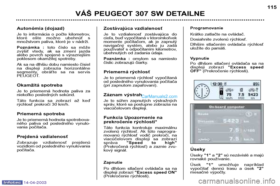 Peugeot 307 SW 2003 Užívateľská príručka (in Slovak) 14-04-2003
VÁŠ PEUGEOT 307 SW DETAILNE115
Zostávajúca vzdialenosť
Je to vzdialenosť zostávajúca do
cieľa, buď vypočítaná v ktoromkoľvek
momente počítačom, ak je zapnutý
nav Peugeot 307 SW 2003 Užívateľská príručka (in Slovak) 14-04-2003
VÁŠ PEUGEOT 307 SW DETAILNE115
Zostávajúca vzdialenosť
Je to vzdialenosť zostávajúca do
cieľa, buď vypočítaná v ktoromkoľvek
momente počítačom, ak je zapnutý
nav