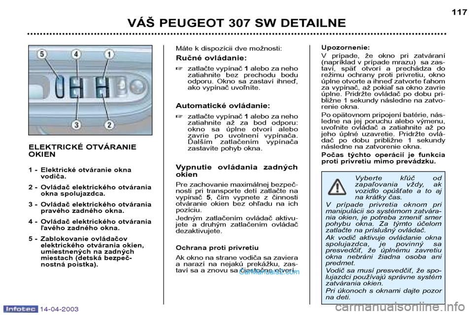 Peugeot 307 SW 2003 Užívateľská príručka (in Slovak) 14-04-2003
VÁŠ PEUGEOT 307 SW DETAILNE117
ELEKTRICKÉ OTVÁRANIE OKIEN
1 - Elektrické otváranie okna
vodiča.
2 - Ovládač elektrického otvárania okna spolujazdca.
3 - Ovládač elektrického o Peugeot 307 SW 2003 Užívateľská príručka (in Slovak) 14-04-2003
VÁŠ PEUGEOT 307 SW DETAILNE117
ELEKTRICKÉ OTVÁRANIE OKIEN
1 - Elektrické otváranie okna
vodiča.
2 - Ovládač elektrického otvárania okna spolujazdca.
3 - Ovládač elektrického o