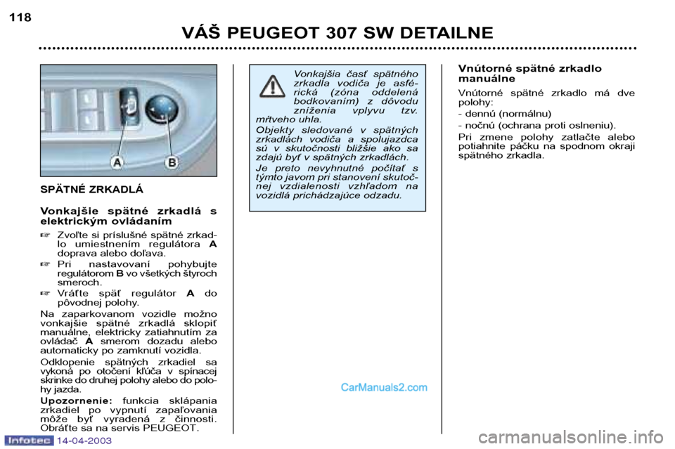 Peugeot 307 SW 2003 Užívateľská príručka (in Slovak) 14-04-2003
VÁŠ PEUGEOT 307 SW DETAILNE
118
Vonkajšia časť spätného
zrkadla vodiča je asfé-
rická (zóna oddelená
bodkovaním) z dôvodu
zníženia vplyvu tzv.
mŕtveho uhla.
Ob Peugeot 307 SW 2003 Užívateľská príručka (in Slovak) 14-04-2003
VÁŠ PEUGEOT 307 SW DETAILNE
118
Vonkajšia časť spätného
zrkadla vodiča je asfé-
rická (zóna oddelená
bodkovaním) z dôvodu
zníženia vplyvu tzv.
mŕtveho uhla.
Ob
