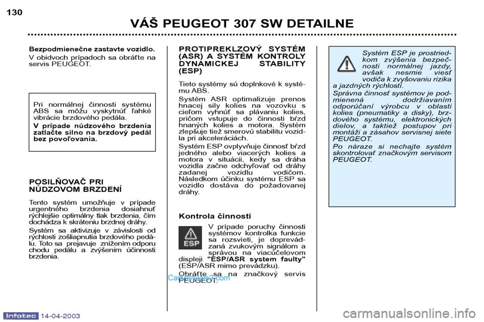 Peugeot 307 SW 2003  Užívateľská príručka (in Slovak) 14-04-2003
PROTIPREKLZOVÝ  SYSTÉM 
(ASR)  A SYSTÉM  KONTROLY
DYNAMICKEJ  STABILITY(ESP) 
Tieto systémy sú doplnkové k systé- 
mu ABS. 
Systém  ASR  optimalizuje  prenos 
hnacej  sily  kolies  