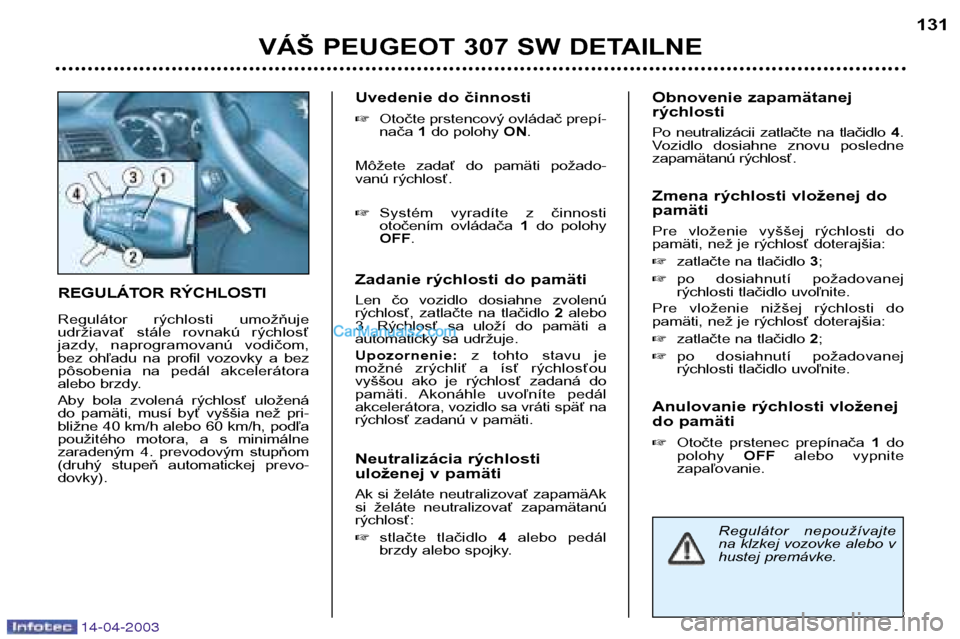 Peugeot 307 SW 2003 Užívateľská príručka (in Slovak) 14-04-2003
REGULÁTOR RÝCHLOSTI
Regulátor rýchlosti umožňuje
udržiavať stále rovnakú rýchlosť
jazdy, naprogramovanú vodičom,
bez ohľadu na profil vozovky a bez
pôsobenia Peugeot 307 SW 2003 Užívateľská príručka (in Slovak) 14-04-2003
REGULÁTOR RÝCHLOSTI
Regulátor rýchlosti umožňuje
udržiavať stále rovnakú rýchlosť
jazdy, naprogramovanú vodičom,
bez ohľadu na profil vozovky a bez
pôsobenia