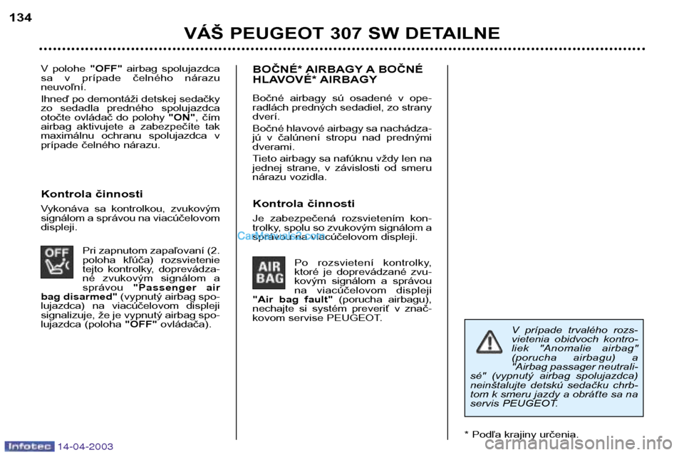 Peugeot 307 SW 2003 Užívateľská príručka (in Slovak) 14-04-2003
V polohe "OFF"airbag spolujazdca
sa v prípade čelného nárazu neuvoľní. Ihneď po demontáži detskej sedačky
zo sedadla predného spolujazdca
otočte ovládač do polohy Peugeot 307 SW 2003 Užívateľská príručka (in Slovak) 14-04-2003
V polohe "OFF"airbag spolujazdca
sa v prípade čelného nárazu neuvoľní. Ihneď po demontáži detskej sedačky
zo sedadla predného spolujazdca
otočte ovládač do polohy