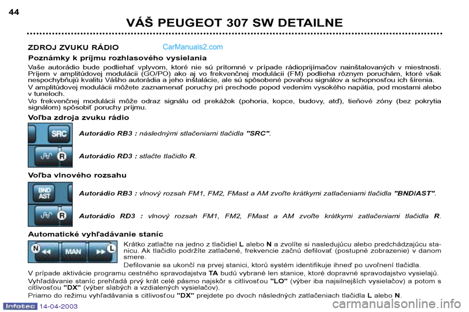 Peugeot 307 SW 2003 Užívateľská príručka (in Slovak) 14-04-2003
ZDROJ ZVUKU RÁDIO
Poznámky k príjmu rozhlasového vysielania
Vaše autorádio bude podliehať vplyvom, ktoré nie sú prítomné v prípade rádioprijímačov nainštalovan Peugeot 307 SW 2003 Užívateľská príručka (in Slovak) 14-04-2003
ZDROJ ZVUKU RÁDIO
Poznámky k príjmu rozhlasového vysielania
Vaše autorádio bude podliehať vplyvom, ktoré nie sú prítomné v prípade rádioprijímačov nainštalovan