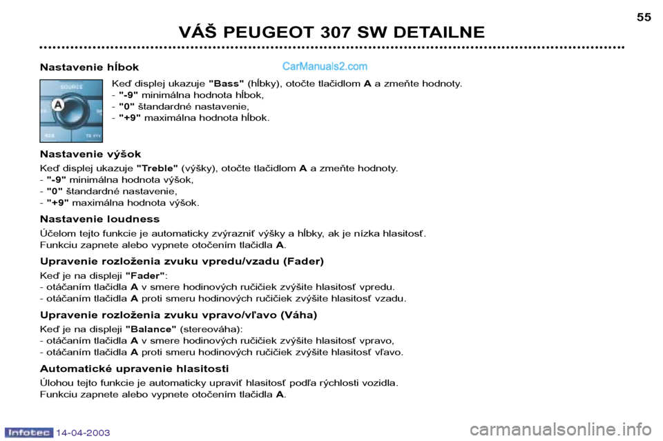 Peugeot 307 SW 2003 Užívateľská príručka (in Slovak) 14-04-2003
VÁŠ PEUGEOT 307 SW DETAILNE
55
Nastavenie hĺbok Keď displej ukazuje "Bass"(hĺbky), otočte tlačidlom Aa zmeňte hodnoty.
- "-9" minimálna hodnota hĺbok,
- "0" štandardné nasta Peugeot 307 SW 2003 Užívateľská príručka (in Slovak) 14-04-2003
VÁŠ PEUGEOT 307 SW DETAILNE
55
Nastavenie hĺbok Keď displej ukazuje "Bass"(hĺbky), otočte tlačidlom Aa zmeňte hodnoty.
- "-9" minimálna hodnota hĺbok,
- "0" štandardné nasta