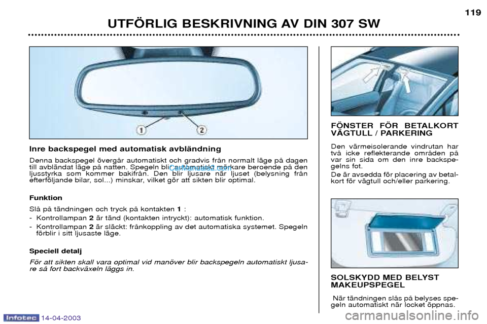 Peugeot 307 SW 2003 Ägarmanual (in Swedish) 14-04-2003
UTF…RLIG BESKRIVNING AV DIN 307 SW119
SOLSKYDD MED BELYST MAKEUPSPEGEL NŠr tŠndningen slŒs pŒ belyses spe-
geln automatiskt nŠr locket šppnas.
F…NSTER F…R BETALKORT
V€GTULL / Peugeot 307 SW 2003 Ägarmanual (in Swedish) 14-04-2003
UTF…RLIG BESKRIVNING AV DIN 307 SW119
SOLSKYDD MED BELYST MAKEUPSPEGEL NŠr tŠndningen slŒs pŒ belyses spe-
geln automatiskt nŠr locket šppnas.
F…NSTER F…R BETALKORT
V€GTULL /