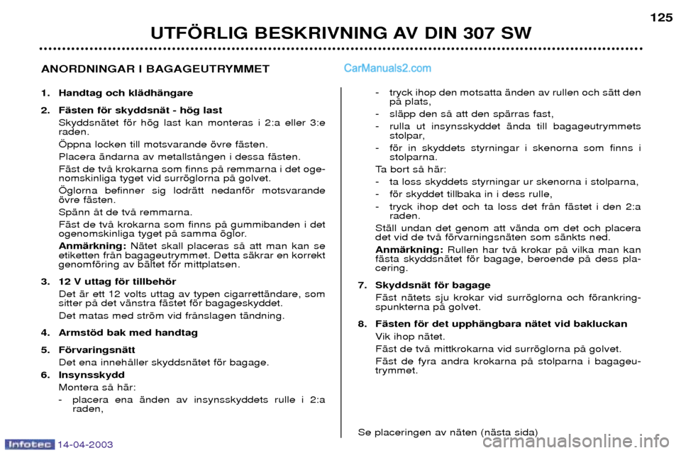Peugeot 307 SW 2003 Ägarmanual (in Swedish) 14-04-2003
UTF…RLIG BESKRIVNING AV DIN 307 SW125
ANORDNINGAR I BAGAGEUTRYMMET
1. Handtag och klŠdhŠngare
2. FŠsten fšr skyddsnŠt - hšg last SkyddsnŠtet fšr hšg last kan monteras i 2:a ell Peugeot 307 SW 2003 Ägarmanual (in Swedish) 14-04-2003
UTF…RLIG BESKRIVNING AV DIN 307 SW125
ANORDNINGAR I BAGAGEUTRYMMET
1. Handtag och klŠdhŠngare
2. FŠsten fšr skyddsnŠt - hšg last SkyddsnŠtet fšr hšg last kan monteras i 2:a ell