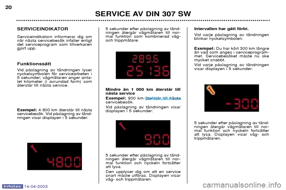 Peugeot 307 SW 2003  Ägarmanual (in Swedish) 14-04-2003
SERVICE AV DIN 307 SW
20
SERVICEINDIKATOR Serviceindikatorn informerar dig om nŠr nŠsta servicebesšk infaller enligtdet serviceprogram som tillverkarengjort upp. FunktionssŠtt 
Vid pŒs