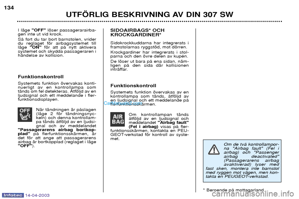 Peugeot 307 SW 2003  Ägarmanual (in Swedish) 14-04-2003
I lŠge "OFF" lšser passagerarairba-
gen inte ut vid krock. SŒ fort du tar bort barnstolen, vrider du reglaget fšr airbagsystemet tilllŠge  "ON" fšr att pŒ nytt aktivera
systemet och 