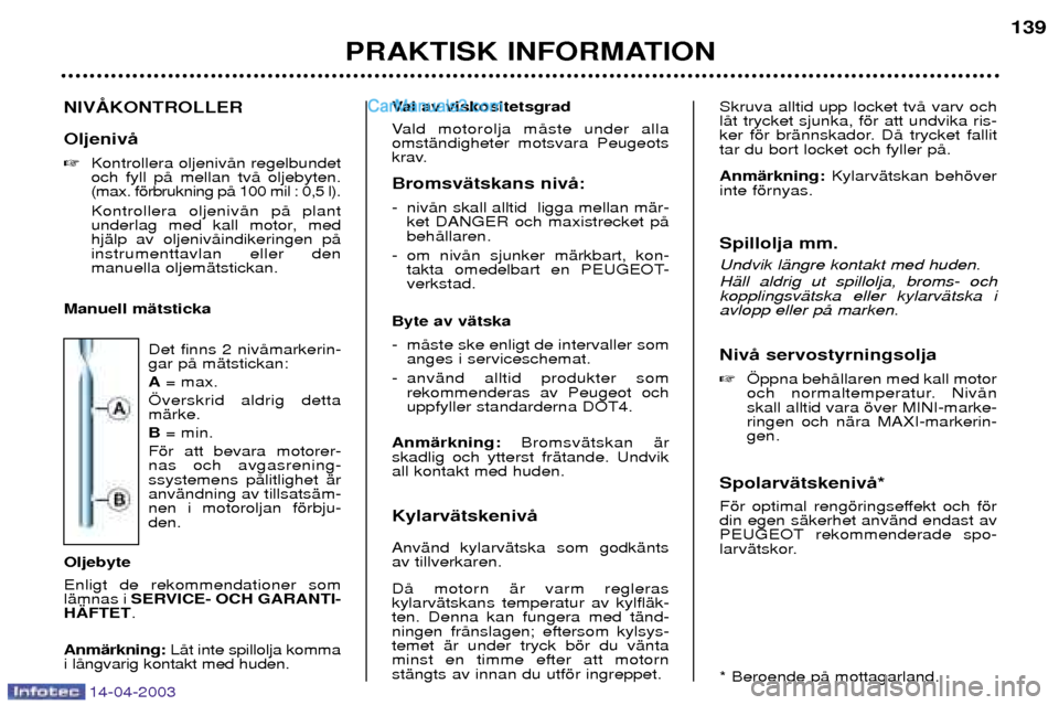 Peugeot 307 SW 2003  Ägarmanual (in Swedish) 14-04-2003
NIV OljenivŒ Kontrollera oljenivŒn regelbundet och fyll pŒ mellan tvŒ oljebyten.(max. fšrbrukning pŒ 100 mil : 0,5 l). Kontrollera oljenivŒn pŒ plant 
underlag med kall motor, medh