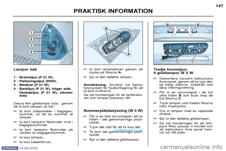 Peugeot 307 SW 2003  Ägarmanual (in Swedish) 14-04-2003
PRAKTISK INFORMATION147
Tredje bromsljus:  
4 glšdlampor W 5 W.  Demontera varsamt bakluckans švre panel, genom att ta loss denpŒ bŒda sidorna, vinkelrŠtt motdess infšringsriktning.
