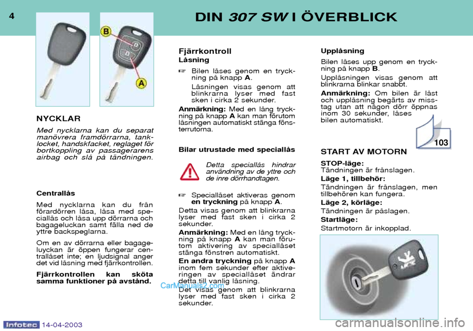 Peugeot 307 SW 2003  Ägarmanual (in Swedish) 4DIN 307 SW I …VERBLICK
14-04-2003
NYCKLAR Med nycklarna kan du separat manšvrera framdšrrarna, tank-locket, handskfacket, reglaget fšrbortkoppling av passagerarensairbag och slŒ pŒ tŠndningen