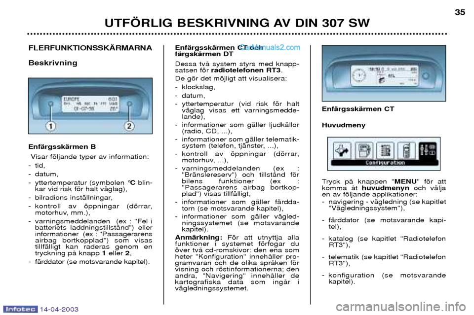 Peugeot 307 SW 2003  Ägarmanual (in Swedish) 14-04-2003
UTF…RLIG BESKRIVNING AV DIN 307 SW35
FLERFUNKTIONSSK€RMARNA Beskrivning EnfŠrgsskŠrmen B
Visar fšljande typer av information:
- tid, 
- datum,
- yttertemperatur (symbolen ¡ Cblin-
k