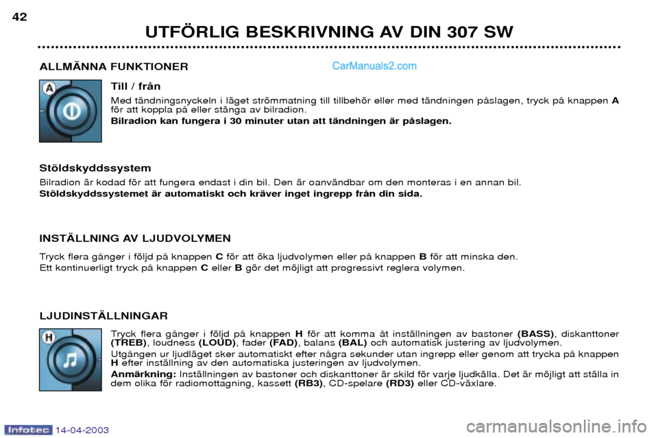 Peugeot 307 SW 2003 Ägarmanual (in Swedish) 14-04-2003
ALLM€NNA FUNKTIONERTill / frŒn Med tŠndningsnyckeln i lŠget stršmmatning till tillbehšr eller med tŠndningen pŒslagen, tryck pŒ knappen A
fšr att koppla pŒ eller stŠnga av bilr Peugeot 307 SW 2003 Ägarmanual (in Swedish) 14-04-2003
ALLM€NNA FUNKTIONERTill / frŒn Med tŠndningsnyckeln i lŠget stršmmatning till tillbehšr eller med tŠndningen pŒslagen, tryck pŒ knappen A
fšr att koppla pŒ eller stŠnga av bilr