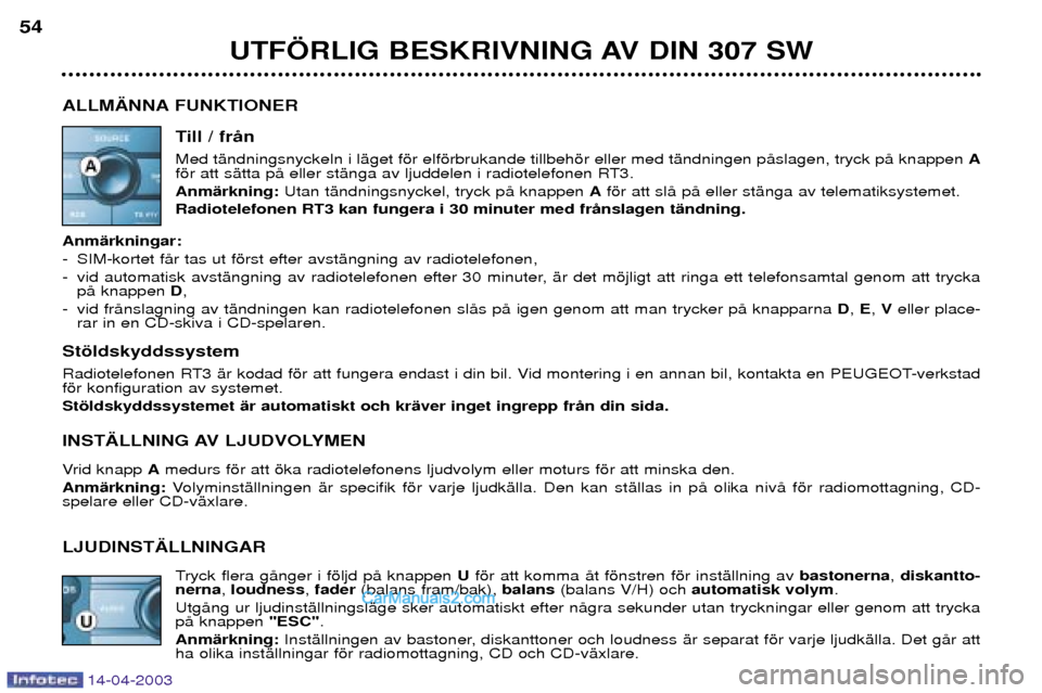 Peugeot 307 SW 2003 Ägarmanual (in Swedish) 14-04-2003
UTF…RLIG BESKRIVNING AV DIN 307 SW
54
ALLM€NNA FUNKTIONER Till / frŒn Med tŠndningsnyckeln i lŠget fšr elfšrbrukande tillbehšr eller med tŠndningen pŒslagen, tryck pŒ knappen Peugeot 307 SW 2003 Ägarmanual (in Swedish) 14-04-2003
UTF…RLIG BESKRIVNING AV DIN 307 SW
54
ALLM€NNA FUNKTIONER Till / frŒn Med tŠndningsnyckeln i lŠget fšr elfšrbrukande tillbehšr eller med tŠndningen pŒslagen, tryck pŒ knappen