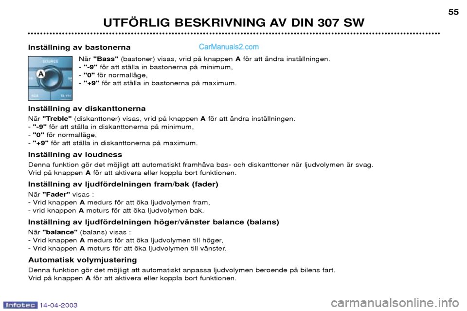 Peugeot 307 SW 2003 Ägarmanual (in Swedish) 14-04-2003
UTF…RLIG BESKRIVNING AV DIN 307 SW
55
InstŠllning av bastonerna NŠr "Bass" (bastoner) visas, vrid pŒ knappen Afšr att Šndra instŠllningen.
- "-9" fšr att stŠlla in bastonerna p Peugeot 307 SW 2003 Ägarmanual (in Swedish) 14-04-2003
UTF…RLIG BESKRIVNING AV DIN 307 SW
55
InstŠllning av bastonerna NŠr "Bass" (bastoner) visas, vrid pŒ knappen Afšr att Šndra instŠllningen.
- "-9" fšr att stŠlla in bastonerna p
