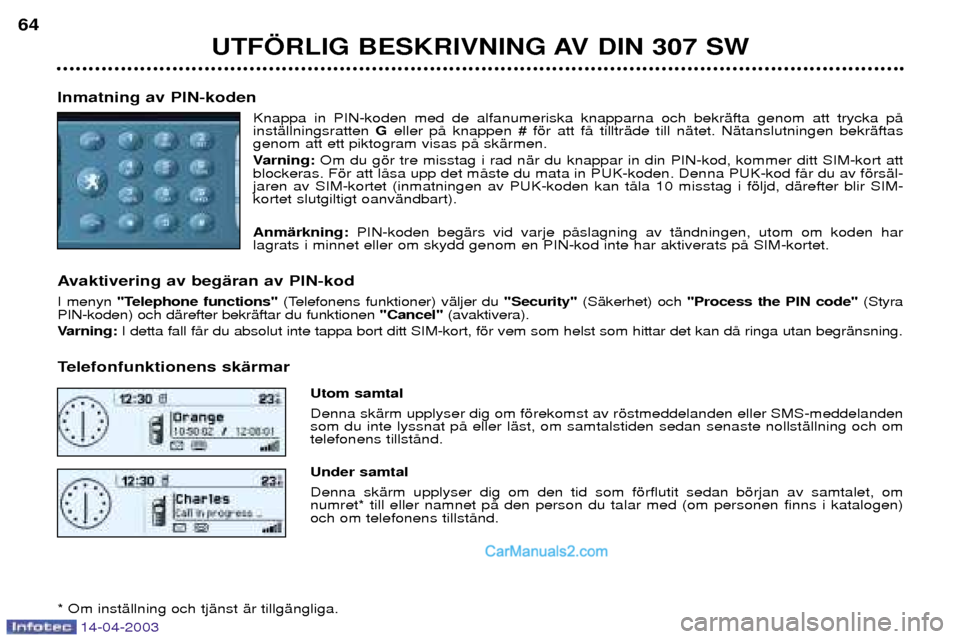 Peugeot 307 SW 2003  Ägarmanual (in Swedish) 14-04-2003
UTF…RLIG BESKRIVNING AV DIN 307 SW
64
Inmatning av PIN-koden Knappa in PIN-koden med de alfanumeriska knapparna och bekrŠfta genom att trycka pŒ instŠllningsratten Geller pŒ knappen #