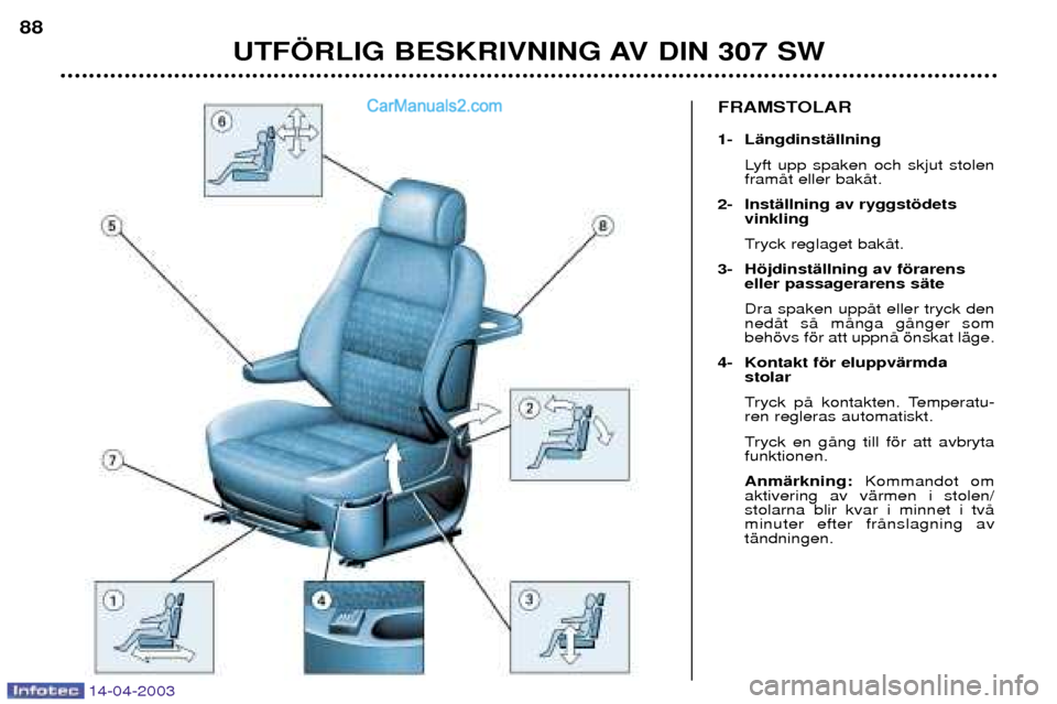 Peugeot 307 SW 2003  Ägarmanual (in Swedish) 14-04-2003
FRAMSTOLAR 
1- LŠngdinstŠllningLyft upp spaken och skjut stolen framŒt eller bakŒt.
2- InstŠllning av ryggstšdets vinkling 
Tryck reglaget bakŒt.
3- HšjdinstŠllning av fšrarens el