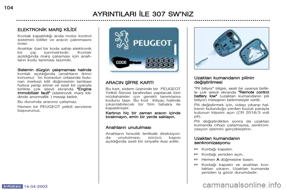 Peugeot 307 SW 2003 Kullanım Kılavuzu (in Turkish) A
A R
R A
A C
C I
I N
N ®® ¬
¬ F
F R
R E
E KK A
A R
R T
T I
I
Bu kart, sistem üzerinde bir PEUGEOT
Yetkili Servisi taraf¤ndan yap¤lacak tüm
müdahaleler için gerekli tan¤mlama
kod Peugeot 307 SW 2003 Kullanım Kılavuzu (in Turkish) A
A R
R A
A C
C I
I N
N ®® ¬
¬ F
F R
R E
E KK A
A R
R T
T I
I
Bu kart, sistem üzerinde bir PEUGEOT
Yetkili Servisi taraf¤ndan yap¤lacak tüm
müdahaleler için gerekli tan¤mlama
kod
