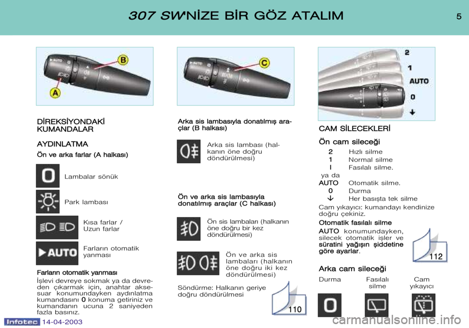 Peugeot 307 SW 2003  Kullanım Kılavuzu (in Turkish) 5
53
3 0
0 7
7  SS W
W
 N
N ¬
¬ Z
Z E
E  BB ¬
¬ R
R  GG Ö
Ö Z
Z  AA T
T A
A L
L I
I M
M
14-04-2003
D
D ¬
¬ R
R E
E K
K S
S ¬
¬ Y
Y O
O N
N D
D A
A K
K ¬
¬
K
K U
U M
M A
A N
N D
D A
A L
L