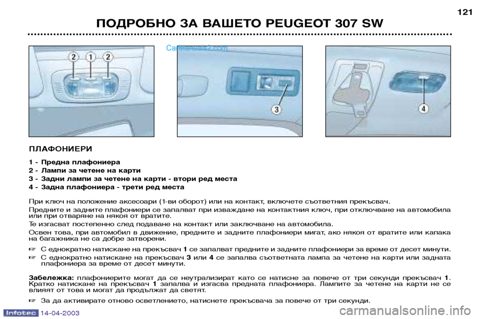 Peugeot 307 SW 2003 Ръководство за експлоатация (in Bulgarian) 14-04-2003
ПЛАФОНИЕРИ
1 - Предна плафониера
2 - Лампи за четене на карти
3 - Задни лампи за четене на карти - втори ред Peugeot 307 SW 2003 Ръководство за експлоатация (in Bulgarian) 14-04-2003
ПЛАФОНИЕРИ
1 - Предна плафониера
2 - Лампи за четене на карти
3 - Задни лампи за четене на карти - втори ред
