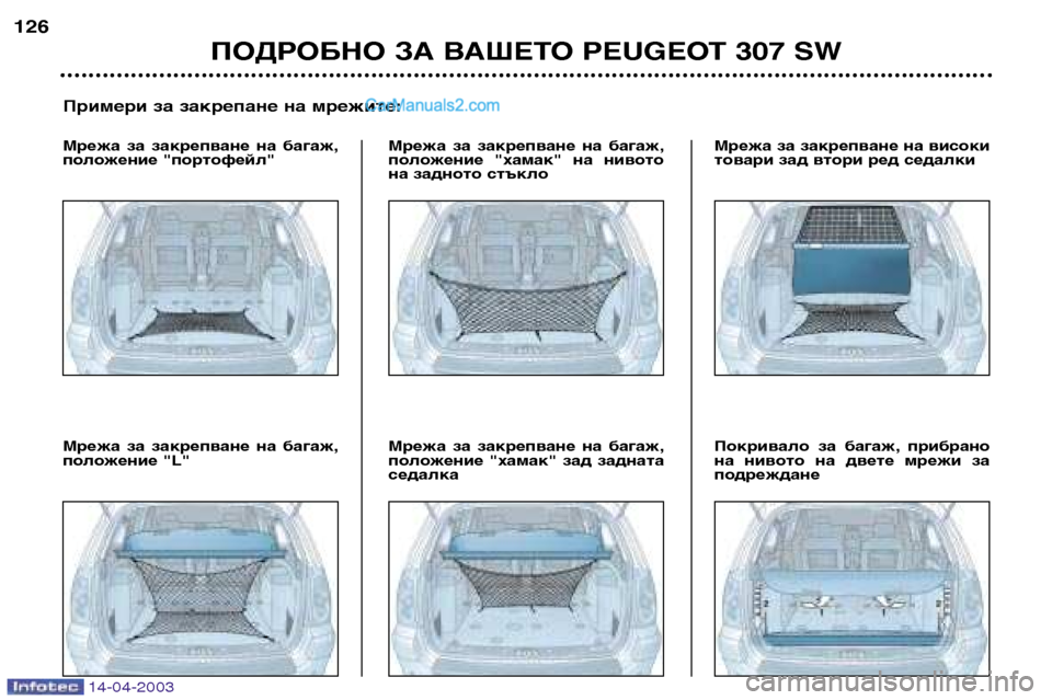 Peugeot 307 SW 2003 Ръководство за експлоатация (in Bulgarian) 14-04-2003
ПОДРОБНО ЗА ВАШЕТО PEUGEOT 307 SW
126
Примери за закрепане на мрежите:
Мрежа за закрепване на багаж,
положени Peugeot 307 SW 2003 Ръководство за експлоатация (in Bulgarian) 14-04-2003
ПОДРОБНО ЗА ВАШЕТО PEUGEOT 307 SW
126
Примери за закрепане на мрежите:
Мрежа за закрепване на багаж,
положени