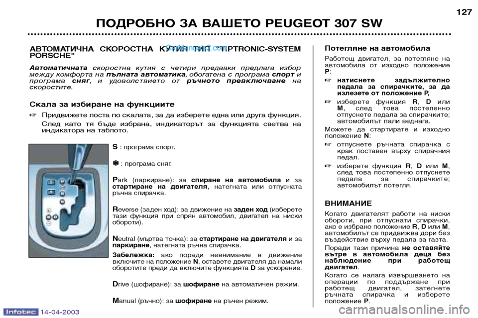 Peugeot 307 SW 2003  Ръководство за експлоатация (in Bulgarian) 14-04-2003
S: програма спорт.
�
�
: програма сняг.
P ark  (паркиране):  за  спиране  на  автомобила и  за
стартиране  на  двиг