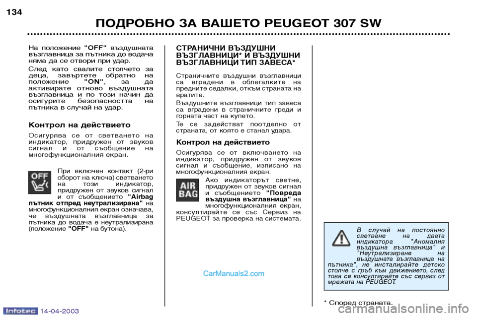 Peugeot 307 SW 2003  Ръководство за експлоатация (in Bulgarian) 14-04-2003
На  положение "OFF"въздушната
възглавница за пътника до водача 
няма да се отвори при удар. 
След  като  сва