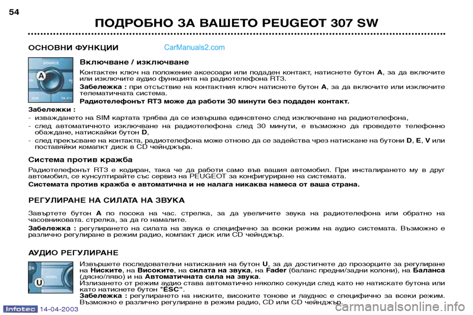 Peugeot 307 SW 2003 Ръководство за експлоатация (in Bulgarian) 14-04-2003
ПОДРОБНО ЗА ВАШЕТО PEUGEOT 307 SW
54
ОСНОВНИ ФУНКЦИИ Включване / изключване
Контактен ключ на положение акс Peugeot 307 SW 2003 Ръководство за експлоатация (in Bulgarian) 14-04-2003
ПОДРОБНО ЗА ВАШЕТО PEUGEOT 307 SW
54
ОСНОВНИ ФУНКЦИИ Включване / изключване
Контактен ключ на положение акс