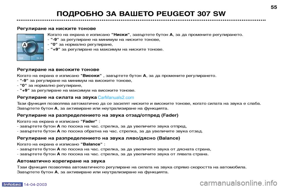 Peugeot 307 SW 2003 Ръководство за експлоатация (in Bulgarian) 14-04-2003
ПОДРОБНО ЗА ВАШЕТО PEUGEOT 307 SW
55
Регулиране на ниските тонове Когато на екрана е изписано "Ниски", завъртет Peugeot 307 SW 2003 Ръководство за експлоатация (in Bulgarian) 14-04-2003
ПОДРОБНО ЗА ВАШЕТО PEUGEOT 307 SW
55
Регулиране на ниските тонове Когато на екрана е изписано "Ниски", завъртет