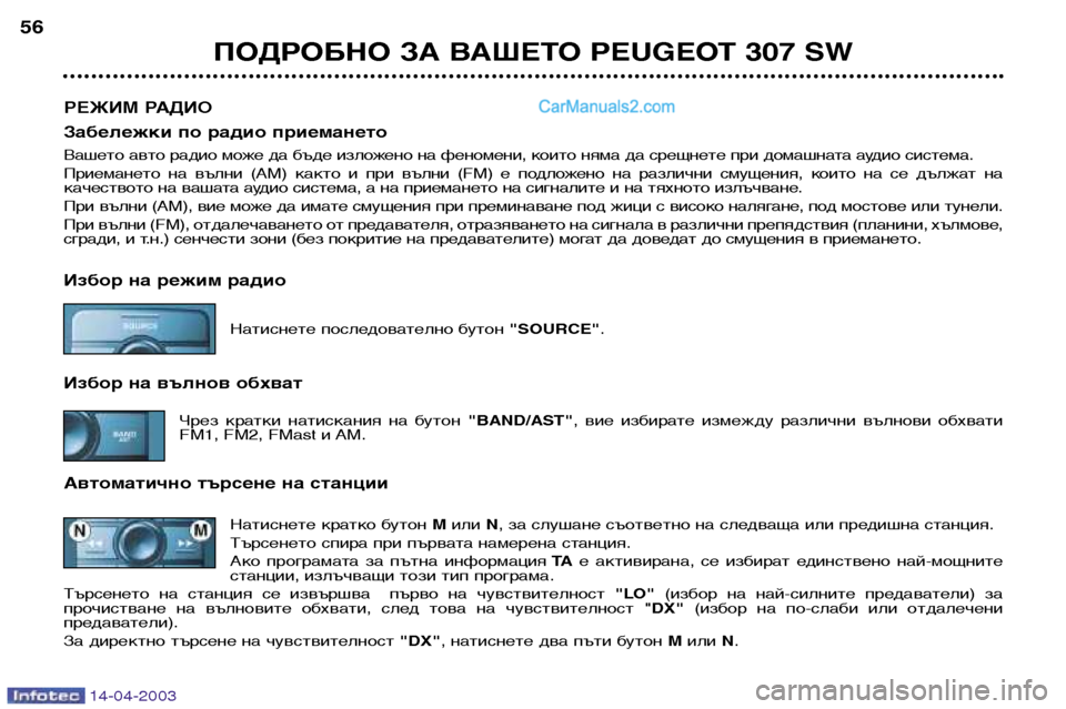 Peugeot 307 SW 2003 Ръководство за експлоатация (in Bulgarian) 14-04-2003
ПОДРОБНО ЗА ВАШЕТО PEUGEOT 307 SW
56
РЕЖИМ РАДИО
Забележки по радио приемането
Вашето авто радио може да бъде Peugeot 307 SW 2003 Ръководство за експлоатация (in Bulgarian) 14-04-2003
ПОДРОБНО ЗА ВАШЕТО PEUGEOT 307 SW
56
РЕЖИМ РАДИО
Забележки по радио приемането
Вашето авто радио може да бъде