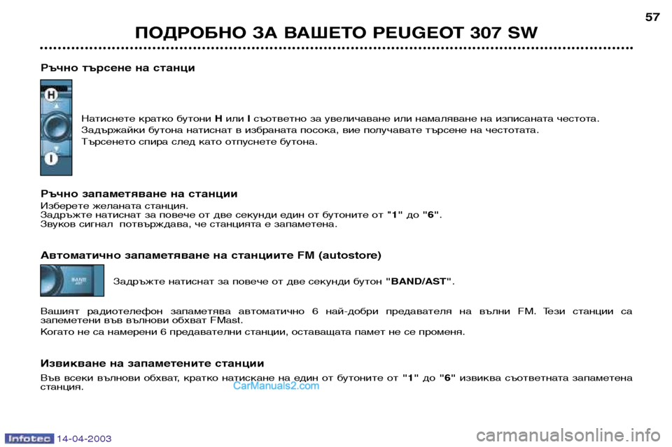 Peugeot 307 SW 2003 Ръководство за експлоатация (in Bulgarian) 14-04-2003
ПОДРОБНО ЗА ВАШЕТО PEUGEOT 307 SW57
Ръчно търсене на станци Натиснете кратко бутони Hили Iсъответно за увелич Peugeot 307 SW 2003 Ръководство за експлоатация (in Bulgarian) 14-04-2003
ПОДРОБНО ЗА ВАШЕТО PEUGEOT 307 SW57
Ръчно търсене на станци Натиснете кратко бутони Hили Iсъответно за увелич