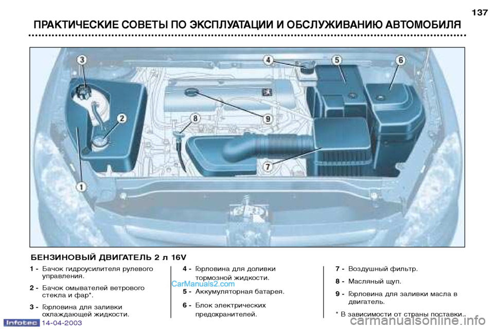 Peugeot 307 SW 2003  Инструкция по эксплуатации (in Russian) 14-04-2003
ПРАКТИЧЕСКИЕ СОВЕТЫ ПО ЭКСПЛУАТАЦИИ И ОБСЛУЖИВАНИЮ АВТОМОБИЛЯ
137
1 -Бачок гидроусилителя рулевого 
упр