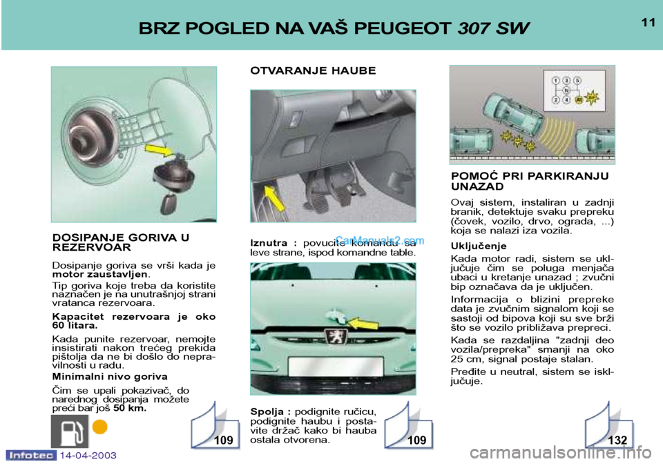 Peugeot 307 SW 2003  Упутство за употребу (in Serbian) POMOĆ PRI PARKIRANJU UNAZAD 
Ovaj  sistem,  instaliran  u  zadnji 
branik, detektuje svaku prepreku
(čovek,  vozilo,  drvo,  ograda,  ...)
koja se nalazi iza vozila. Uključenje 
Kada  motor  radi, 