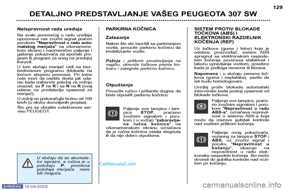 Peugeot 307 SW 2003 Упутство за употребу (in Serbian) 14-04-2003
Otpuštanje
Povucite ručicu i pritisnite dugme da
biste otpustili parkirnu kočnicu.Paljenje ove lampice i lam-pice STOP, praćeno
zvučnim signalom i poru-
kom ( u vožnji) " z Peugeot 307 SW 2003 Упутство за употребу (in Serbian) 14-04-2003
Otpuštanje
Povucite ručicu i pritisnite dugme da
biste otpustili parkirnu kočnicu.Paljenje ove lampice i lam-pice STOP, praćeno
zvučnim signalom i poru-
kom ( u vožnji) " z