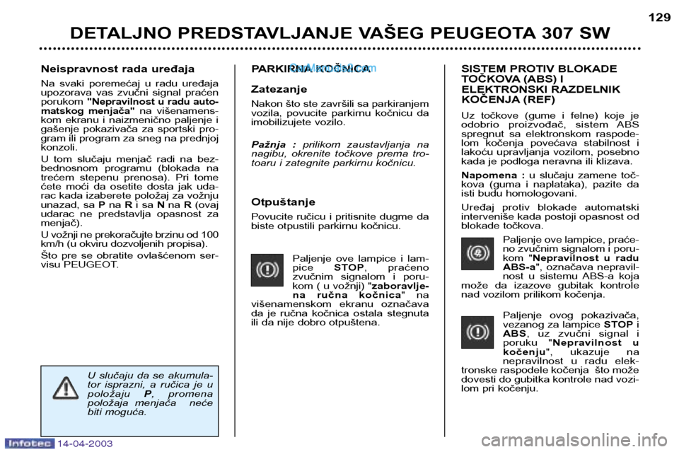 Peugeot 307 SW 2003 Упутство за употребу (in Serbian) 14-04-2003
Otpuštanje
Povucite ručicu i pritisnite dugme da
biste otpustili parkirnu kočnicu.Paljenje ove lampice i lam-pice STOP, praćeno
zvučnim signalom i poru-
kom ( u vožnji) " z Peugeot 307 SW 2003 Упутство за употребу (in Serbian) 14-04-2003
Otpuštanje
Povucite ručicu i pritisnite dugme da
biste otpustili parkirnu kočnicu.Paljenje ove lampice i lam-pice STOP, praćeno
zvučnim signalom i poru-
kom ( u vožnji) " z