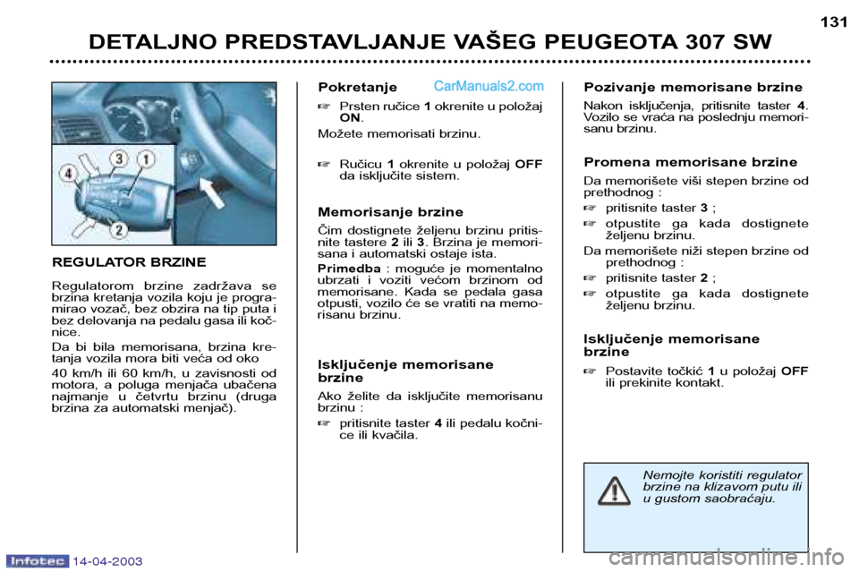 Peugeot 307 SW 2003 Упутство за употребу (in Serbian) 14-04-2003
REGULATOR BRZINE
Regulatorom brzine zadržava se
brzina kretanja vozila koju je progra-
mirao vozač, bez obzira na tip puta i
bez delovanja na pedalu gasa ili koč-nice.
Da bi bila Peugeot 307 SW 2003 Упутство за употребу (in Serbian) 14-04-2003
REGULATOR BRZINE
Regulatorom brzine zadržava se
brzina kretanja vozila koju je progra-
mirao vozač, bez obzira na tip puta i
bez delovanja na pedalu gasa ili koč-nice.
Da bi bila