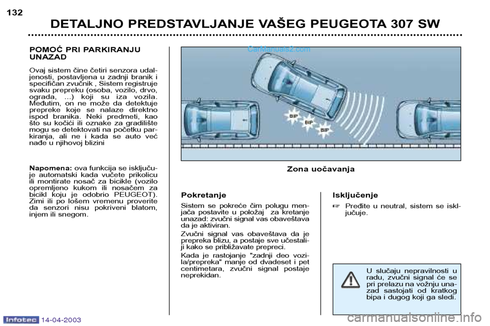 Peugeot 307 SW 2003 Упутство за употребу (in Serbian) 14-04-2003
POMOĆ PRI PARKIRANJU UNAZAD
Ovaj sistem čine četiri senzora udal-
jenosti, postavljena u zadnji branik i
specifičan zvučnik , Sistem registruje
svaku prepreku (osoba, vozilo, dr Peugeot 307 SW 2003 Упутство за употребу (in Serbian) 14-04-2003
POMOĆ PRI PARKIRANJU UNAZAD
Ovaj sistem čine četiri senzora udal-
jenosti, postavljena u zadnji branik i
specifičan zvučnik , Sistem registruje
svaku prepreku (osoba, vozilo, dr
