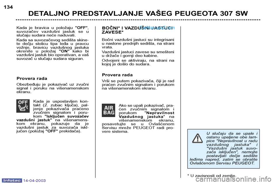 Peugeot 307 SW 2003 Упутство за употребу (in Serbian) 14-04-2003
Kada je bravica u položaju "OFF",
suvozačev vazdušni jastuk se u
slučaju sudara neće naduvati.
Kada sa suvozačevog sedišta skine-
te dečju stolicu tipa leđa u prav Peugeot 307 SW 2003 Упутство за употребу (in Serbian) 14-04-2003
Kada je bravica u položaju "OFF",
suvozačev vazdušni jastuk se u
slučaju sudara neće naduvati.
Kada sa suvozačevog sedišta skine-
te dečju stolicu tipa leđa u prav