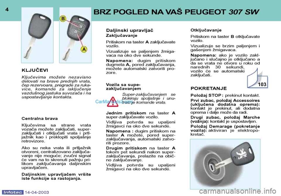 Peugeot 307 SW 2003  Упутство за употребу (in Serbian) 4BRZ POGLED NA VAŠ PEUGEOT 307 SW
14-04-2003
KLJUČEVI 
Ključevima  možete  nezavisno 
delovati  na  brave  prednjih  vrata,
čep rezervoara, pregrade za ruka-
vice,  komande  za  isključenje
vazd