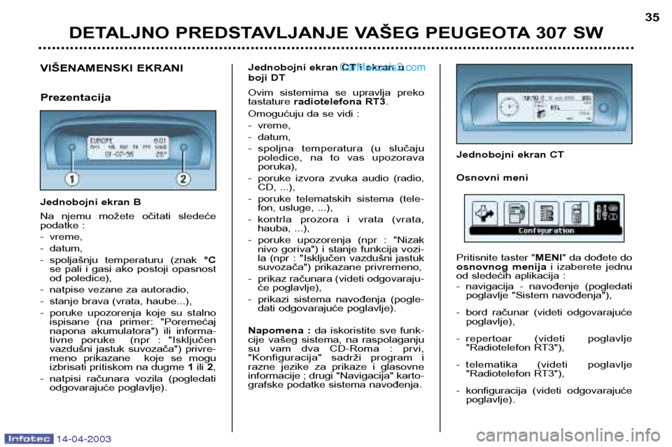 Peugeot 307 SW 2003  Упутство за употребу (in Serbian) 14-04-2003
DETALJNO PREDSTAVLJANJE VAŠEG PEUGEOTA 307 SW35
VIŠENAMENSKI EKRANI Prezentacija 
Jednobojni ekran B 
Na  njemu  možete  očitati  sledeće 
podatke : 
- vreme,
- datum,
- spoljašnju  t